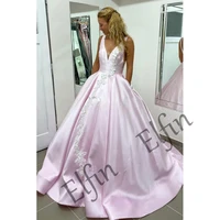 elfin pink v neck a line applique large skirt sleeveless floor length dress party wedding prom evening dress woman