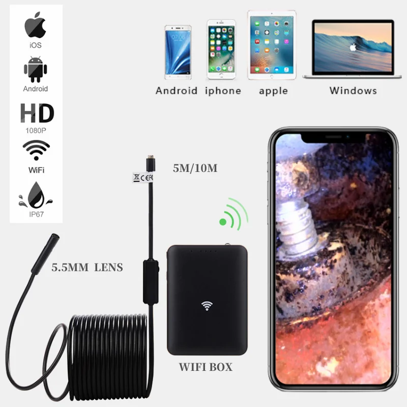 Кабель для эндоскопа диаметром 5 мм камерой 2 МП HD Wi-Fi длина м/10 м |