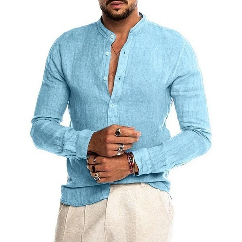 New Men's Solid Color Linen Long Sleeve Shirt  Cardigan Long Sleeve  Men's Shirt