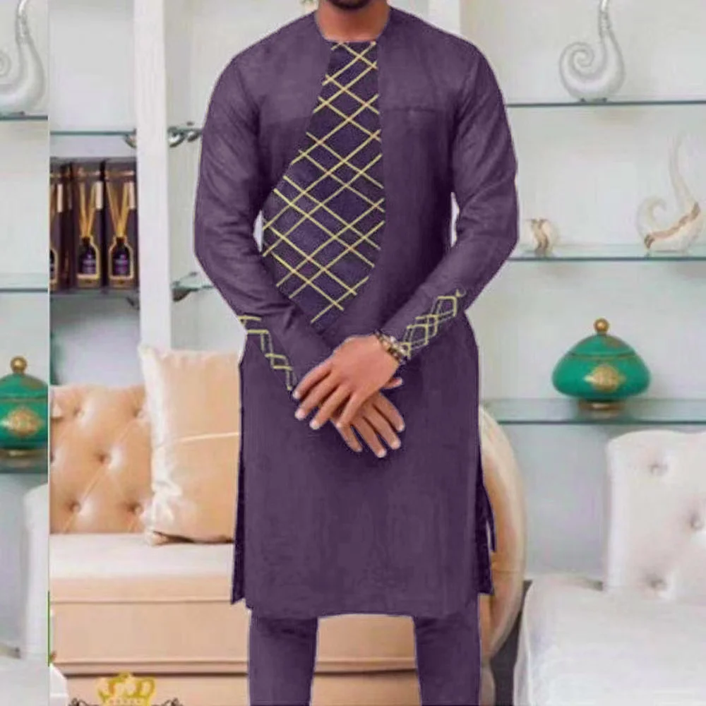 

Dashiki Summer Men's Sets Men Plaid Patchwork Shirts Long-Sleeves Tops and Pants 2 Piece Men's Suits African Clothing FD89135889