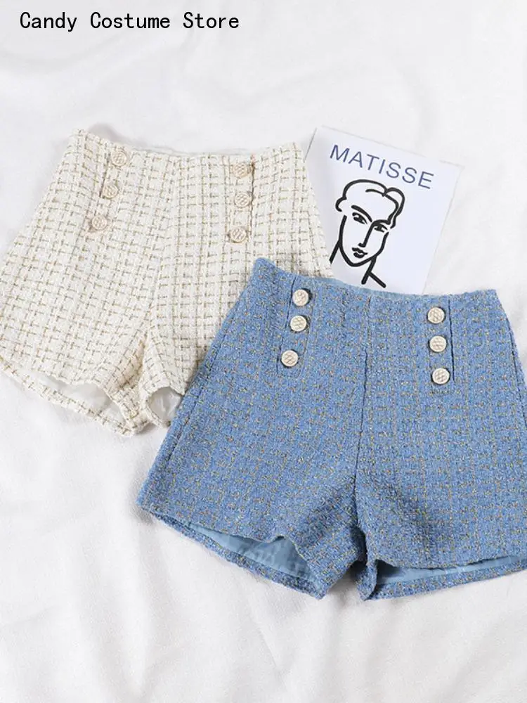 Female Fashion Black Shorts New Spring Autumn Double Breasted Shorts Women Tweed Shorts Retro High Waist