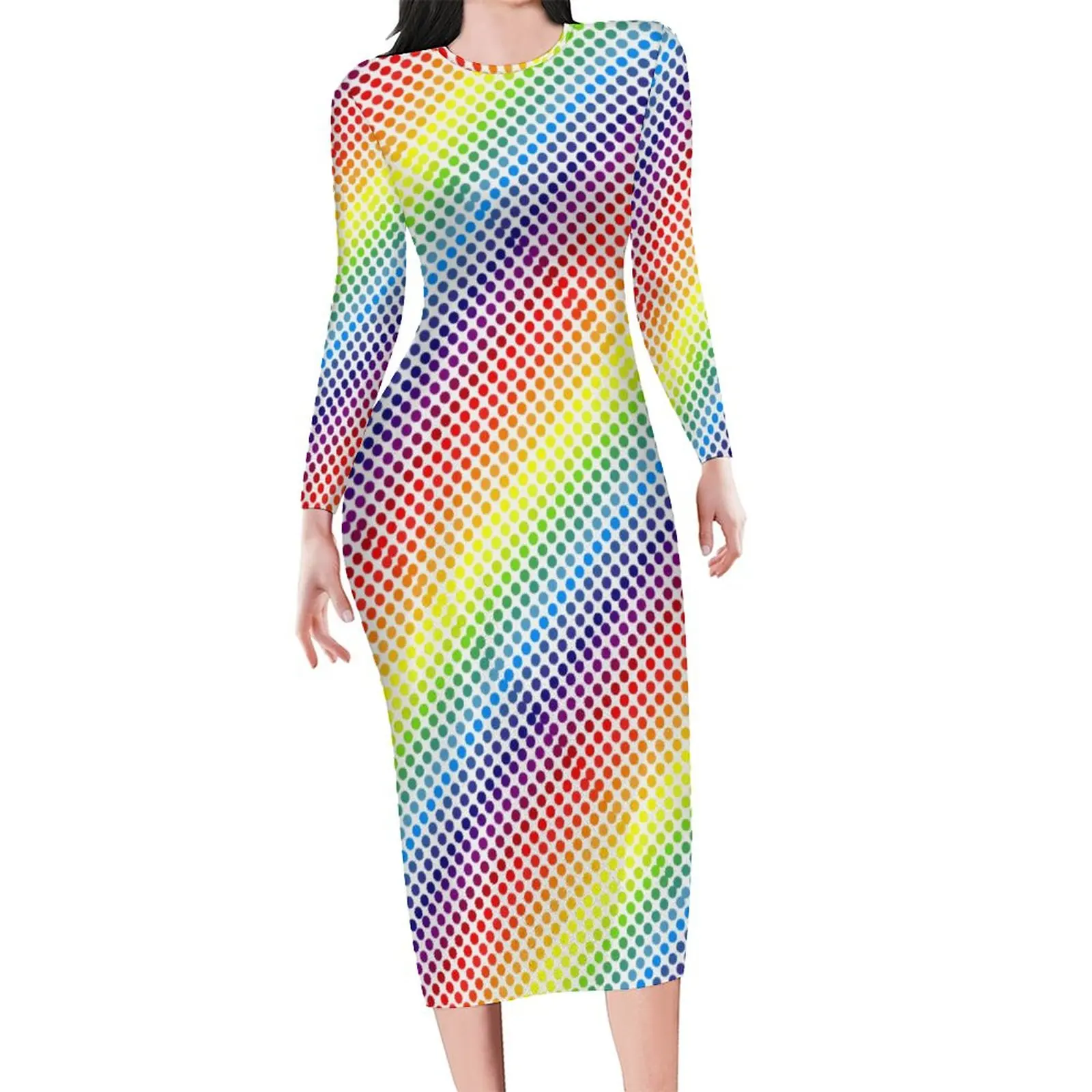

Красочное облегающее платье в горошек, Осенние Клубные платья с абстрактным радужным рисунком, женское уличное платье с длинным рукавом на ...