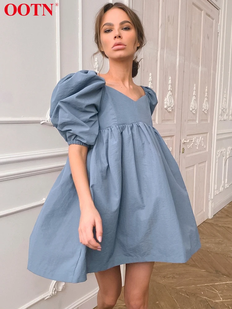 

OOTN Sexy Blue Mini Dress Women Square Neck Short Puff Sleeve Female White Dress High Waist Loose A Line Dresses 2022 Cotton