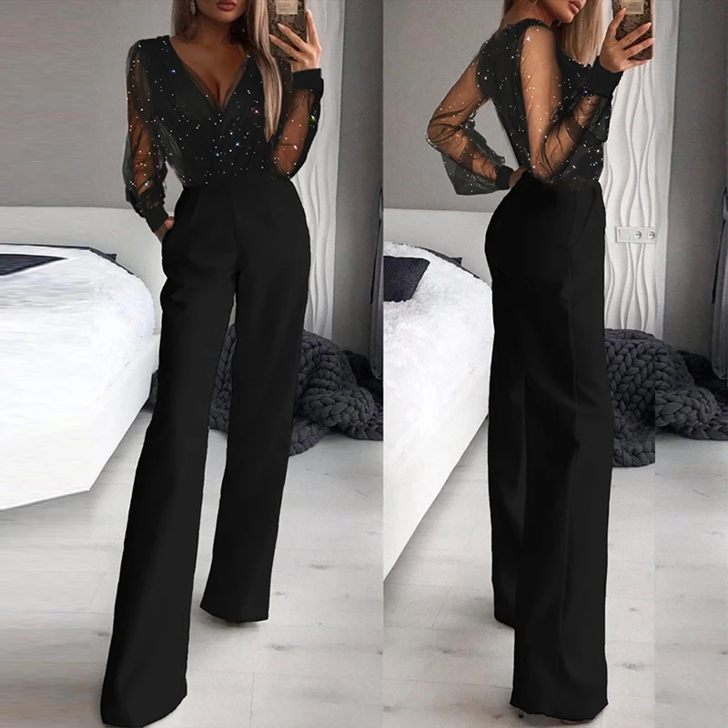 

Sexy V-neck Mesh Patchwork Sequined Jumpsuit High Waist Loose Wide Leg Jumpsuits