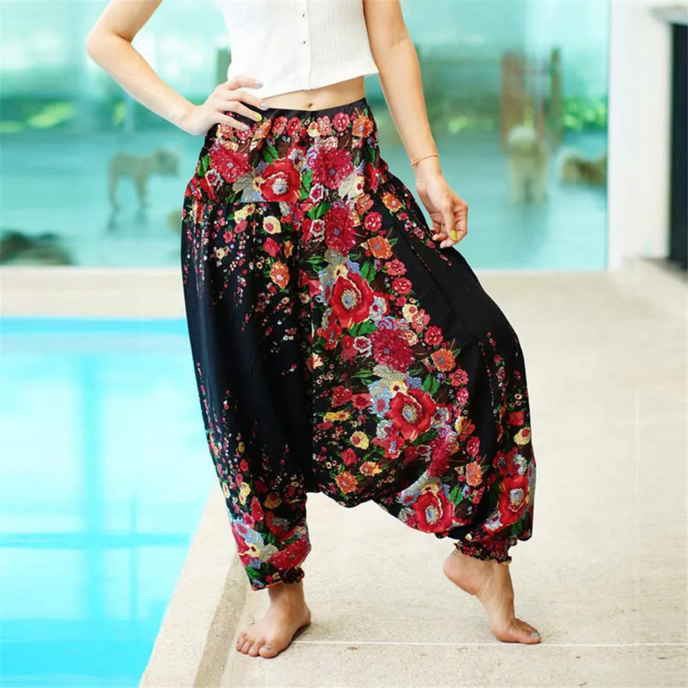 Women Yoga Harem Pants Nepalese Ethnic Floral Thai Sweatpants Oversized Drop Crotch Sports Bloomers Summer Sarouel Femme