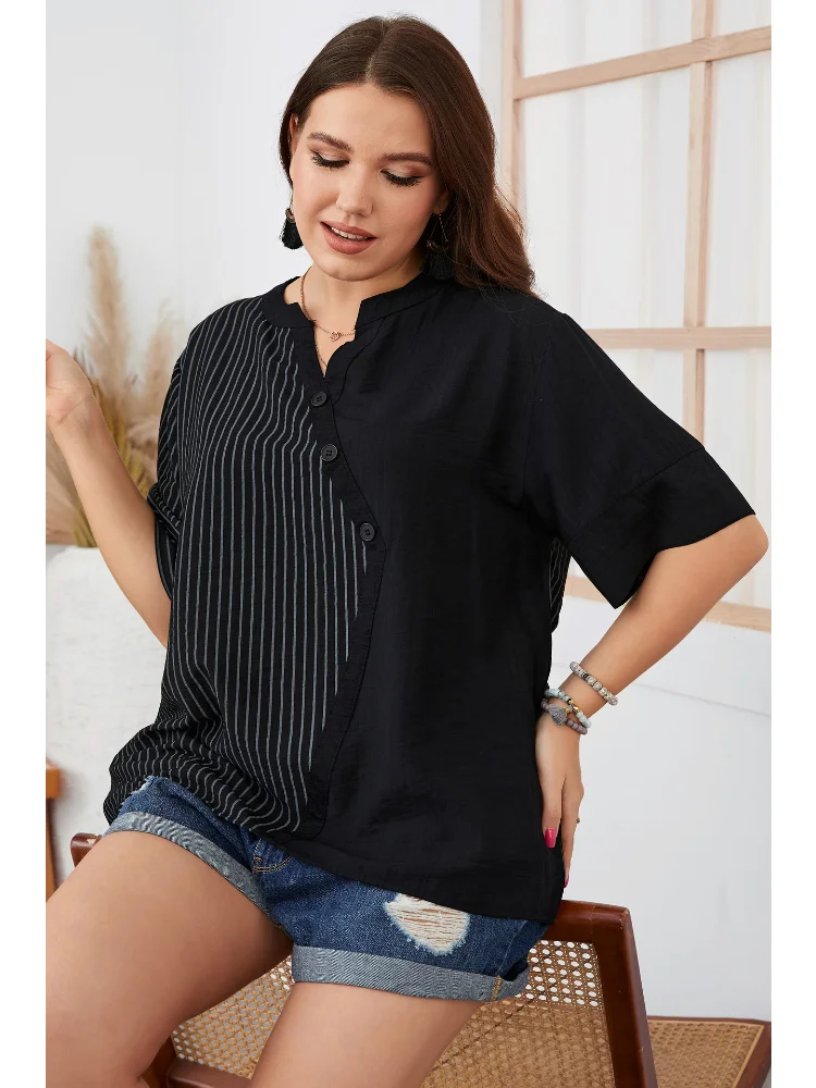 Plus-size women's striped short-sleeved T-shirt fat mm women's explosive top peplum top  plus size women clothing