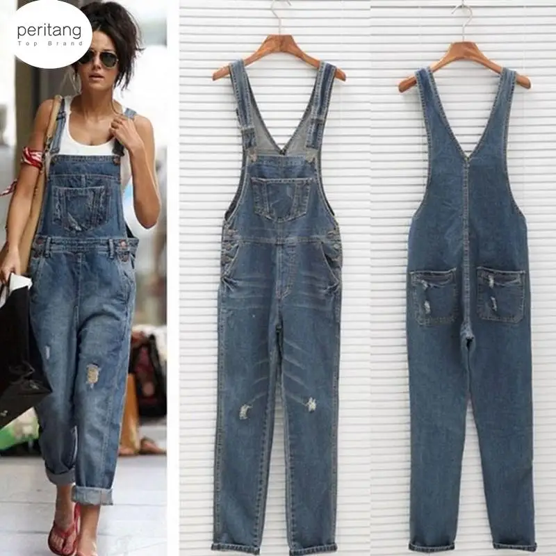 

2023 New Stylish Casual Loose Vintage Women Denim Overalls Scratched Washed Ripped Hole Girl Full Lengt Pants Female Jumpsuits