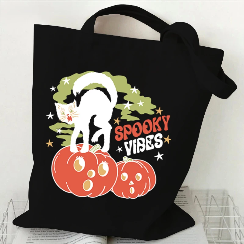 Vintage Halloween torebki damskie moda czarna torba na ramię z kotem unisex płótno upiorny sezon zakupy kreskówka kotek materiałowa