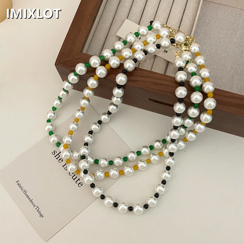 

Kpop Colorful Beaded Stacked Pearl Clavicle Chain Necklace for Women BFF Wedding Vintage Aesthetic Jewelry EMO Y2K Accessories