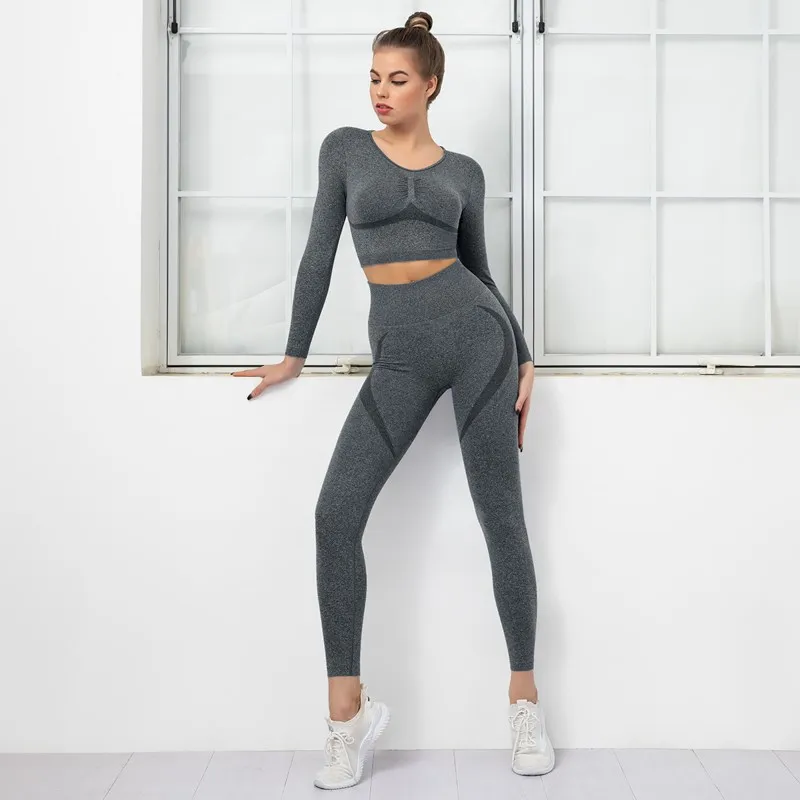 Women Solid Color Yoga Sets Bubble Butt Sports Pants+Cropped Long Sleeve Tops Workout Running Suits Energy Seamless Fitness Sets