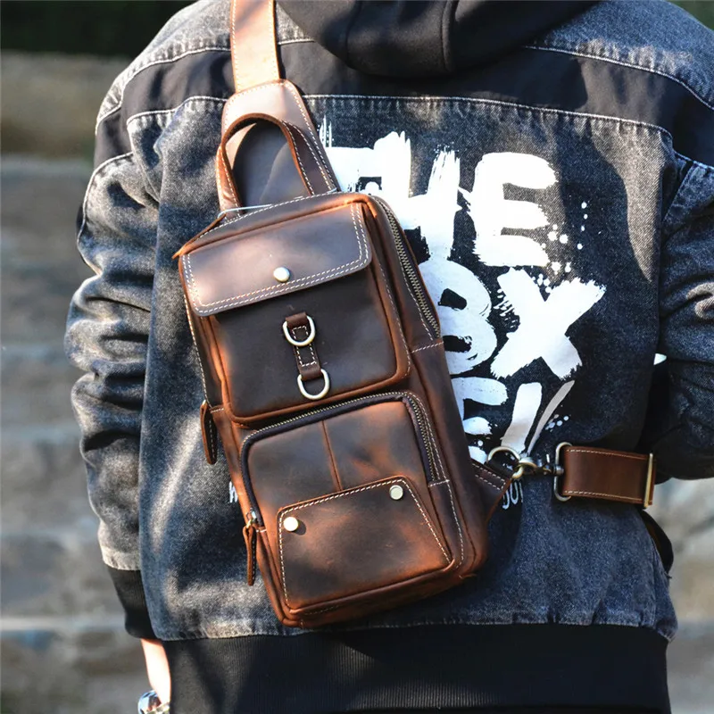Vintage crazy horse cowhide men chest bag handmade outdoor daily sports natural genuine leather multi-pocket teens shoulder bag