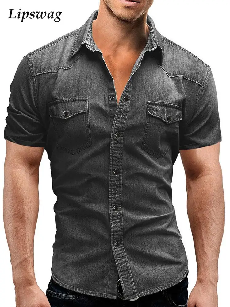 

Рубашка мужская джинсовая с отложным воротником и коротким рукавом, винтажная сорочка из денима с градиентом, Повседневная Уличная одежда ...