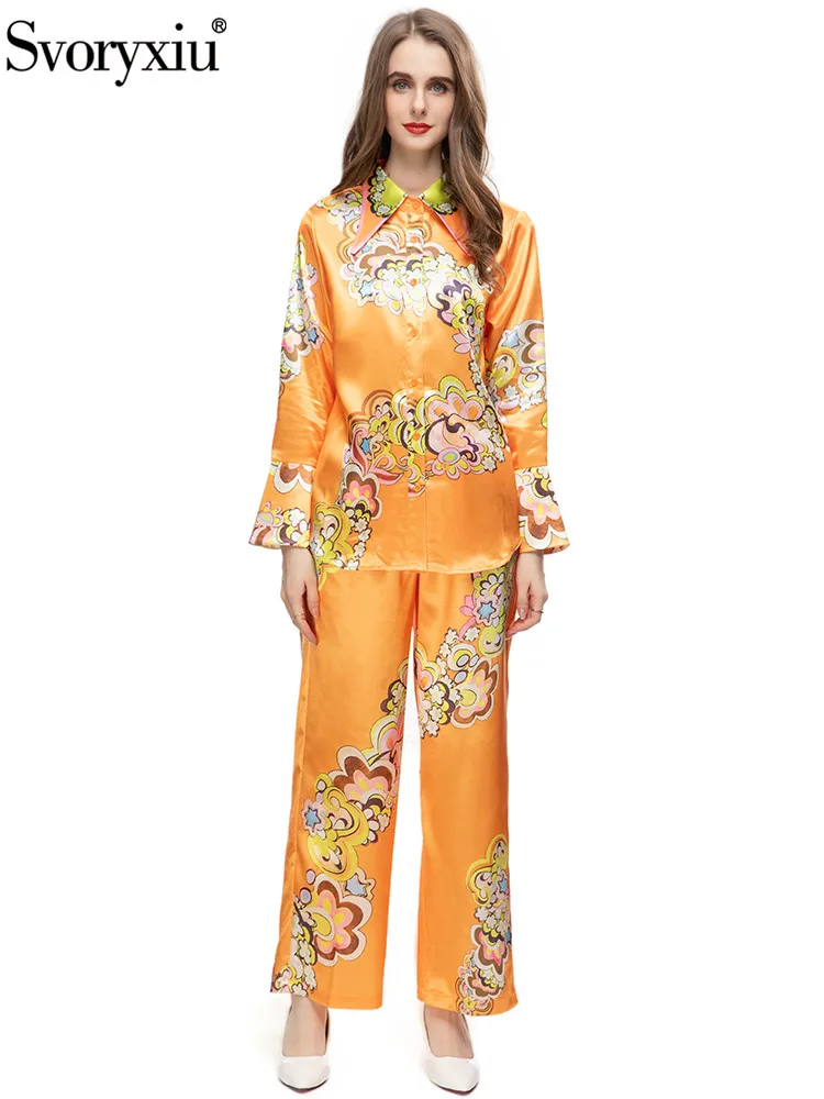 

Svoryxiu Spring Autumn Fashion Vintage Print Trouser Suit Women Flare Sleeve Button Shirt Coat+Drawstring Elastic Waist Trouser