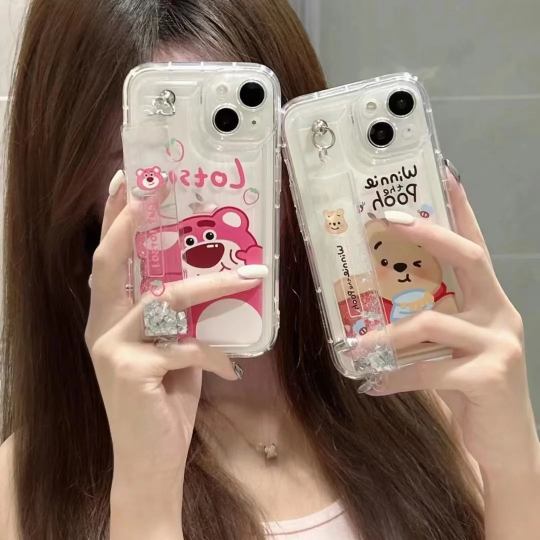

Cute Disney winnie the pooh Lotso wrist quicksand cartoon Phone Cases For iPhone 14 13 12 11 Pro Max Back Cover