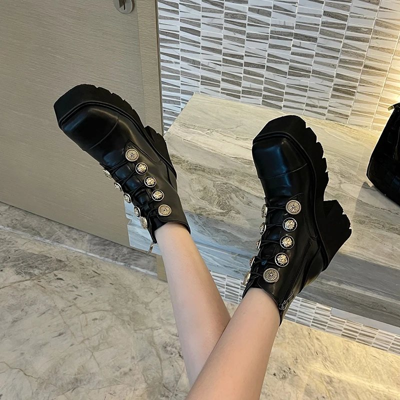 Round Toe Platform Button Cross Elastic Straps Women's Boots Side Zipper Solid Color Black Fashion PU Leather Short Martin Boots