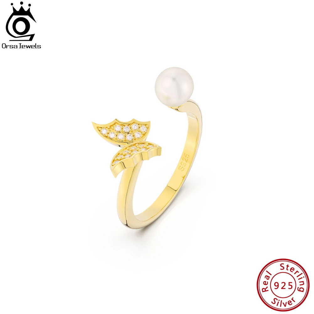 

ORSA JEWELS 14K золотые кольца с бабочкой CZ открытые элегантные кольца из стерлингового серебра 925 пробы круглые жемчужные кольца для женщин Ювелирное Украшение на день рождения GPR14