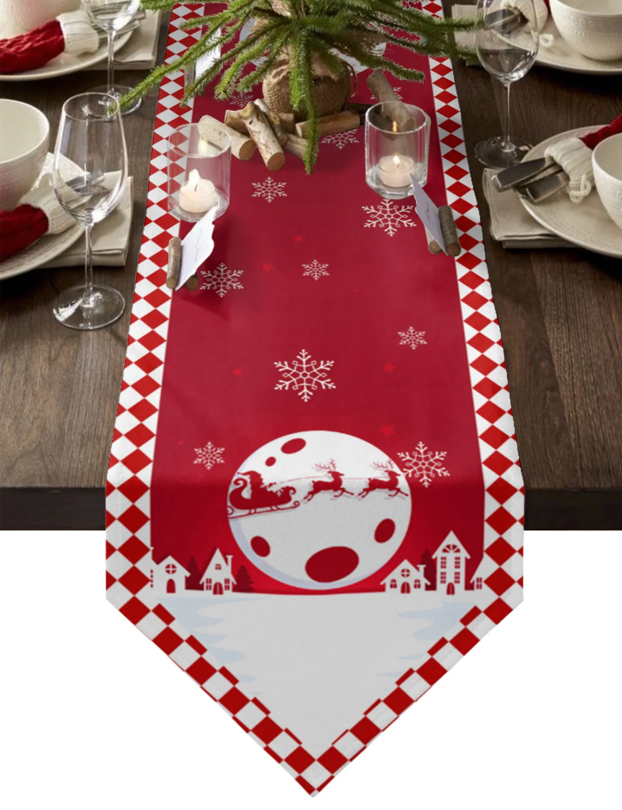 

Christmas Red White Plaid Santa Claus Snowflake Table Runners Wedding Table Cover Christmas Decorations for Home Table Cloth