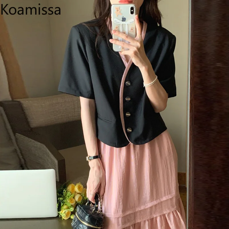 

Koamissa Fashion Women Summer Dress Set Short Sleeve Cropeed Shirts A Line Long Skirt Sweet Two Piece Set Korean Lady Outfits