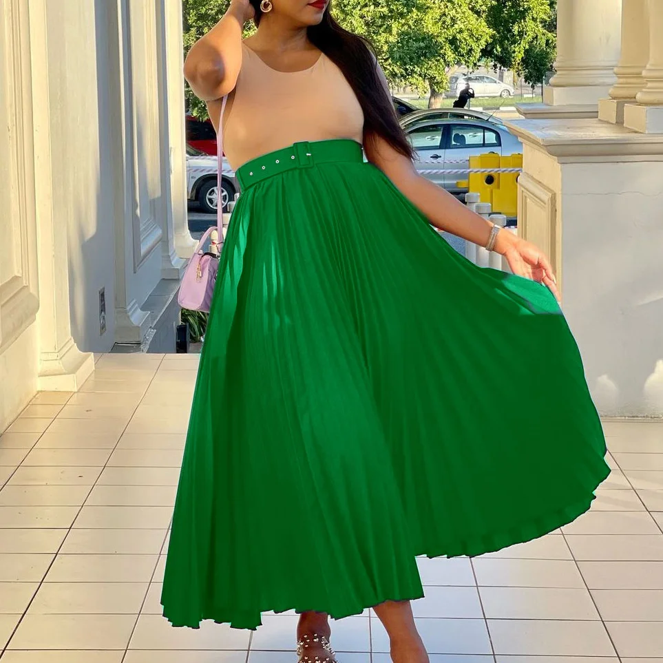Plus Size Large Women's Skirt New Wear With Belt New High Waist And Large Skirt With Medium Length Pleated Temperament