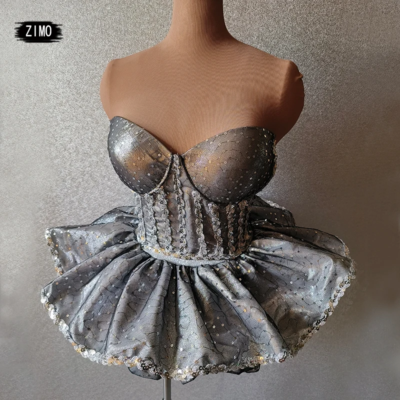 

Сексуальное Серебряное платье с блестками, кружевное модное женское платье с открытой спиной для клуба, дня рождения, женские костюмы для танцев на шесте и выступлений