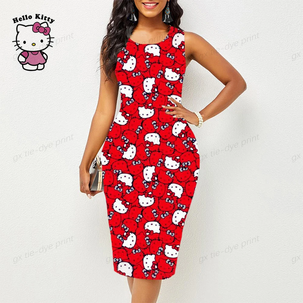 

Женское облегающее платье с принтом Hello Kitty, элегантное Клубное платье без рукавов с круглым вырезом, лето 2023