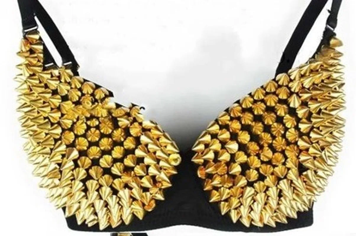 Nightclub Show Women Chic Spike Stud Rivet Bra Gold Silver Lingerie Punk Party Clubwear Push Up for Dance Costume | Женская одежда