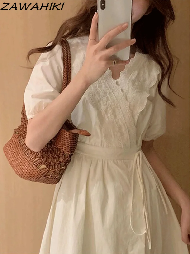 

Summer New White V-neck Elegant Temperament Dress Women French Vintage Solid Color Short Puff Sleeve Slim Waist Ropa Mujer