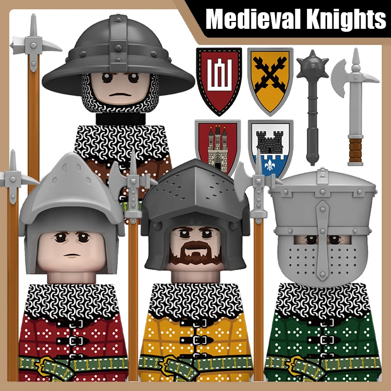 Фото Конструктор MOC: Средневековый рыцарь, солдат, фигурка, военная армейская пехота, воин, щит, наплечные доспехи, шлем, кирпичики, игрушка №1