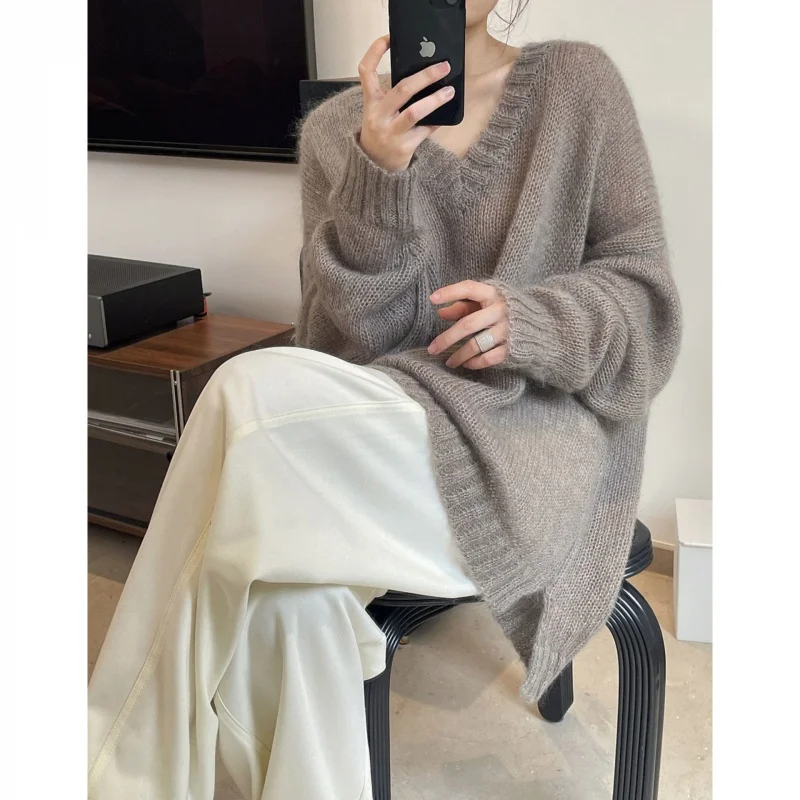Осенняя женская одежда Idle Sle с v-образным вырезом мягкий клейкий мохеровый свитер