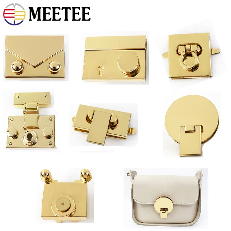 

Meetee 2 шт. золотистая металлическая Поворотная застежка с замком, круглая прямоугольная декоративная пряжка для сумочки, ремонт кошелька, аксессуары