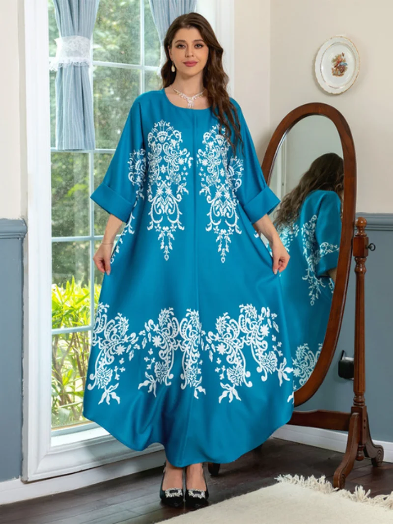 Arab Long Dress for Women Elegant Ethnic Print Beaded Muslim Moroccan Jalabiya Corban Eid Al Adha Party Evening Dresses