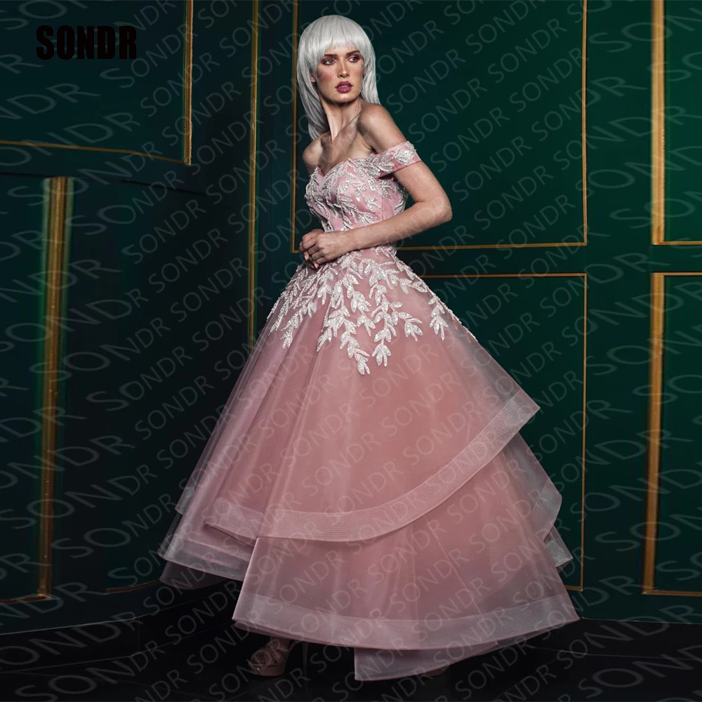 

SONDR Pink Lace A Line Ball Gowns Evening Dress Chiffon Tulle Appliques Formal Event Prom Party Dresses Gowns For Women 2023