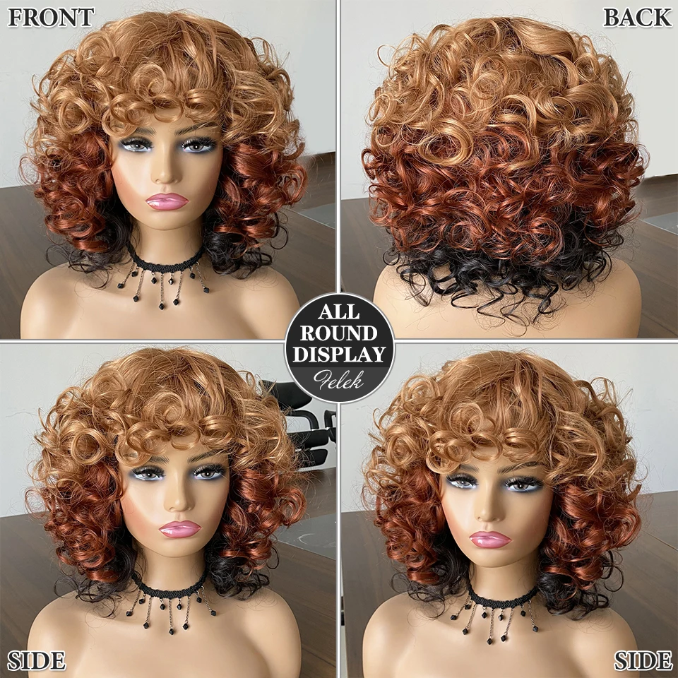 Short Hair Afro Kinky Curly Wigs With Bangs For Black Women Natural Synthetic Ombre Glueless Blonde Red Cosplay Bob Wigs FELEK