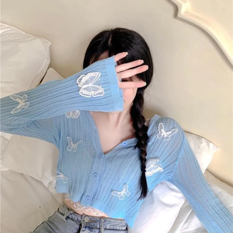 

Вязаные кардиганы WDMSNA в виде бабочек, женские корейские пикантные летние тонкие солнцезащитные куртки с V-образным вырезом и длинными рукав...