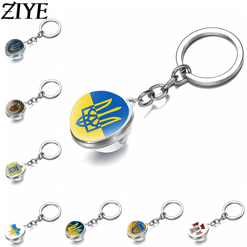 

Tryzub Vintage Rune Pattern Symbol Keychain Rune Flag Trident Double Sided Glass Ball Pendant Men Women Key Ring Chains Jewelry