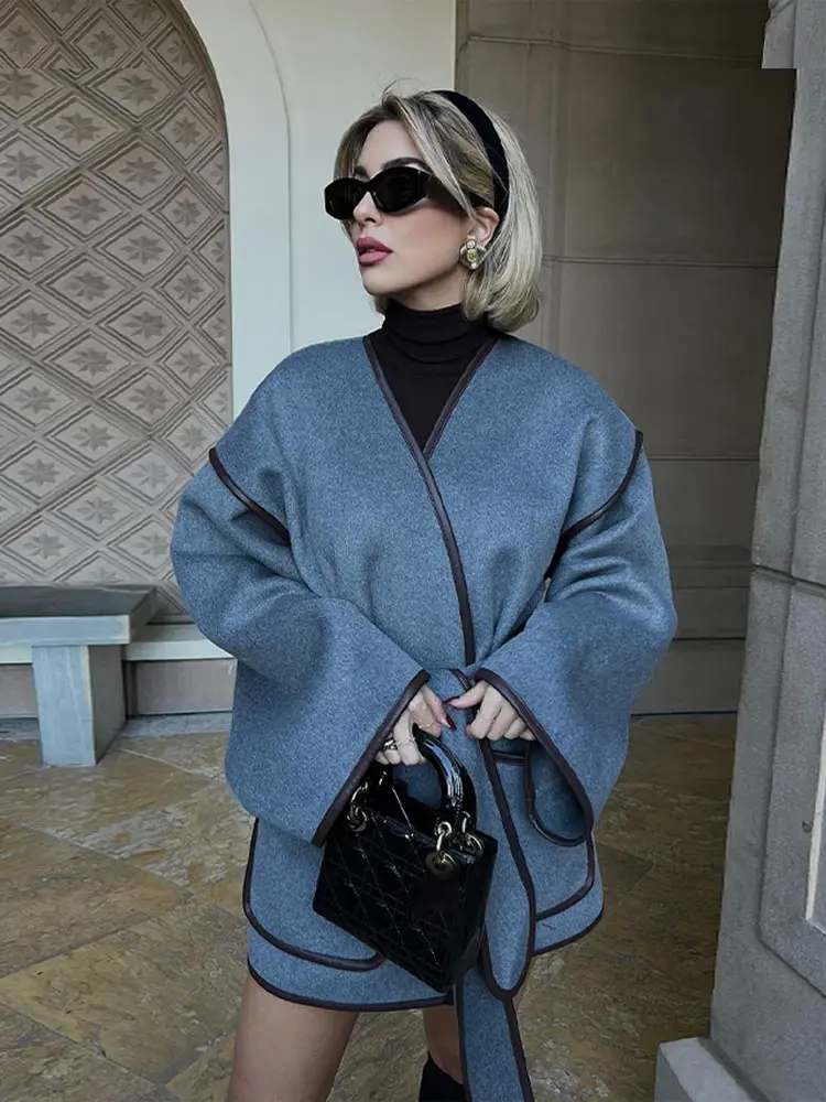 Куртка женская шерстяная контрастная с поясом и карманами модный серый пиджак