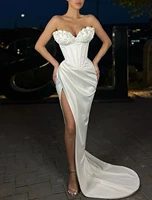 mermaid trumpet evening dresses luxurious sexy engagement sweep brush train v neck sleeveless charmeuse with pearls 2022