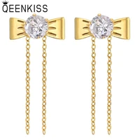 qeenkiss eg8197 fine jewelry wholesale fashion woman wedding birthday gift bowknot chain zircon titanium steel stud earrings 1pc