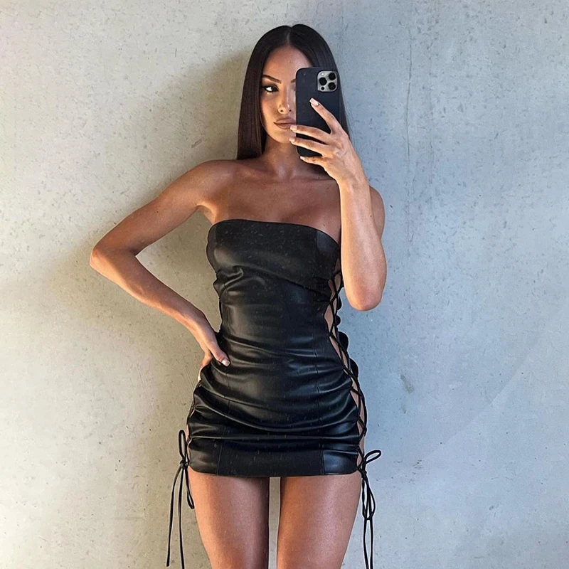 

Sunny y.j. Side Hollow Out Bandage Mini Sexy Evening Dress Black PU Leather Strapless Bodycon Party Dresses Women Rave Clubwear