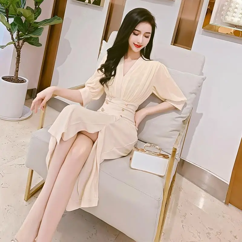 

Женское шифоновое платье средней длины, однотонное офисное платье с V-образным вырезом, лето 2022