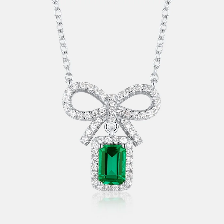 

ALLNOEL 925 Sterling Silver Necklace for Women 0.5Ct lab Created Emerald Zircon Bow Lovely Romantic Wedding Bridal Jewelry Gifts