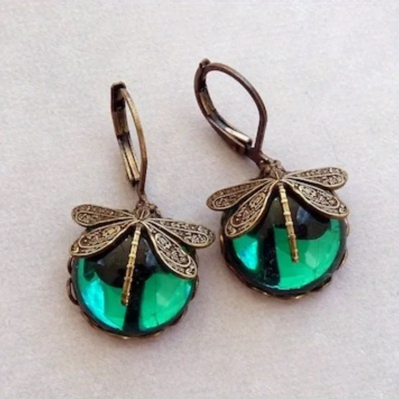 Винтажные стильные металлические серьги с гравировкой в виде стрекозы и ...