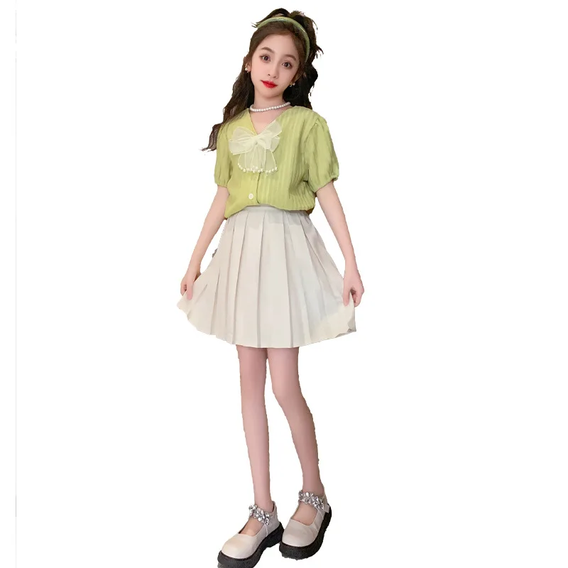 

2 шт., Детский комплект из рубашки с бантом и плиссированной юбки