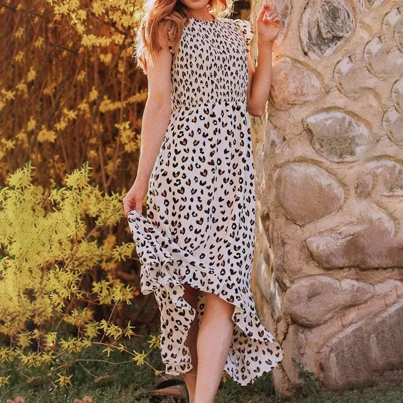 

Ying Shi long irregular sleeveless dress summer new leopard print round neck waist slim skirt.