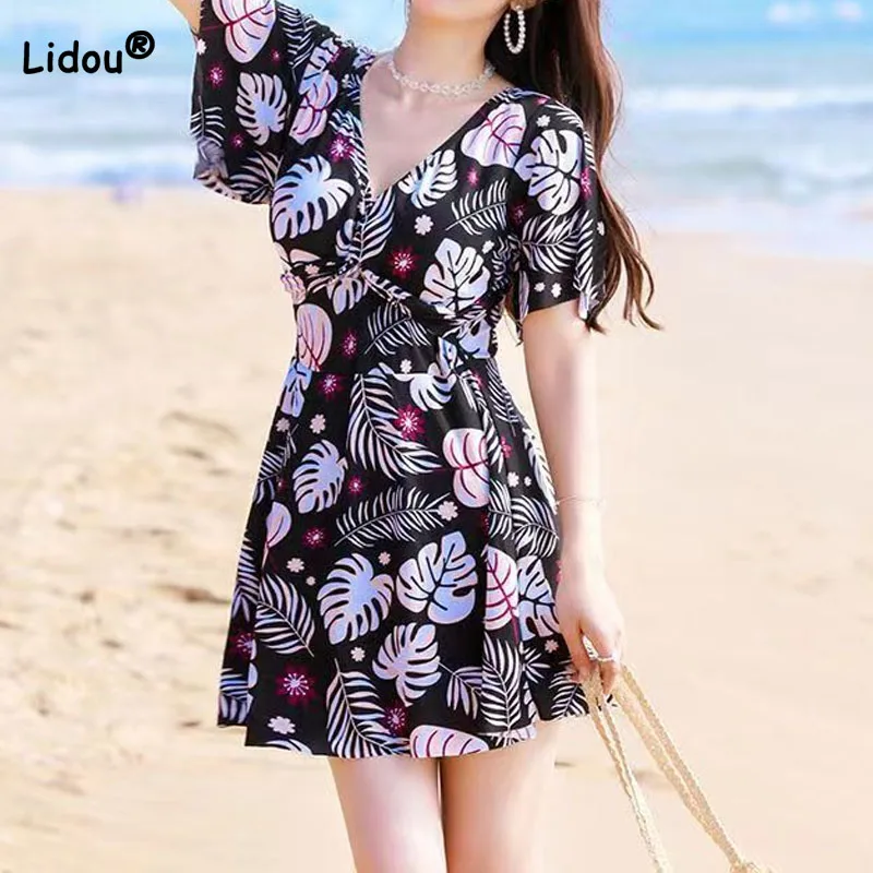 

Sexy Fashionable V-Neck Printed Women's Swimsuit Dresses High Waist Woman Clothing Korean Short Sleeve Dress Bikinis Sets 2023