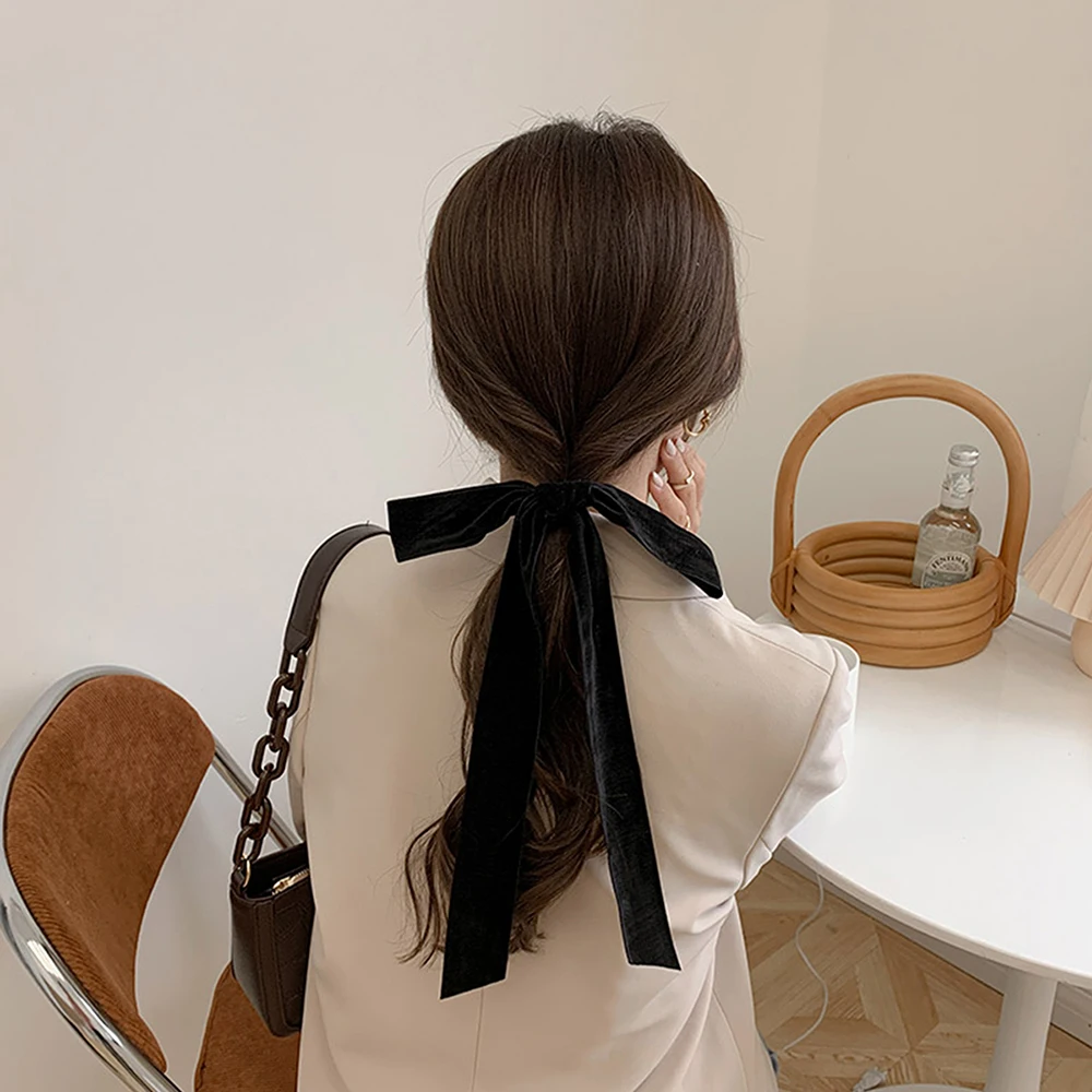 

Black Bow Hair Tie Velvet Ribbon Hair Scrunchie Long Bow Elastics Hair Rope Ponytail Holder Accessories for Women Girls