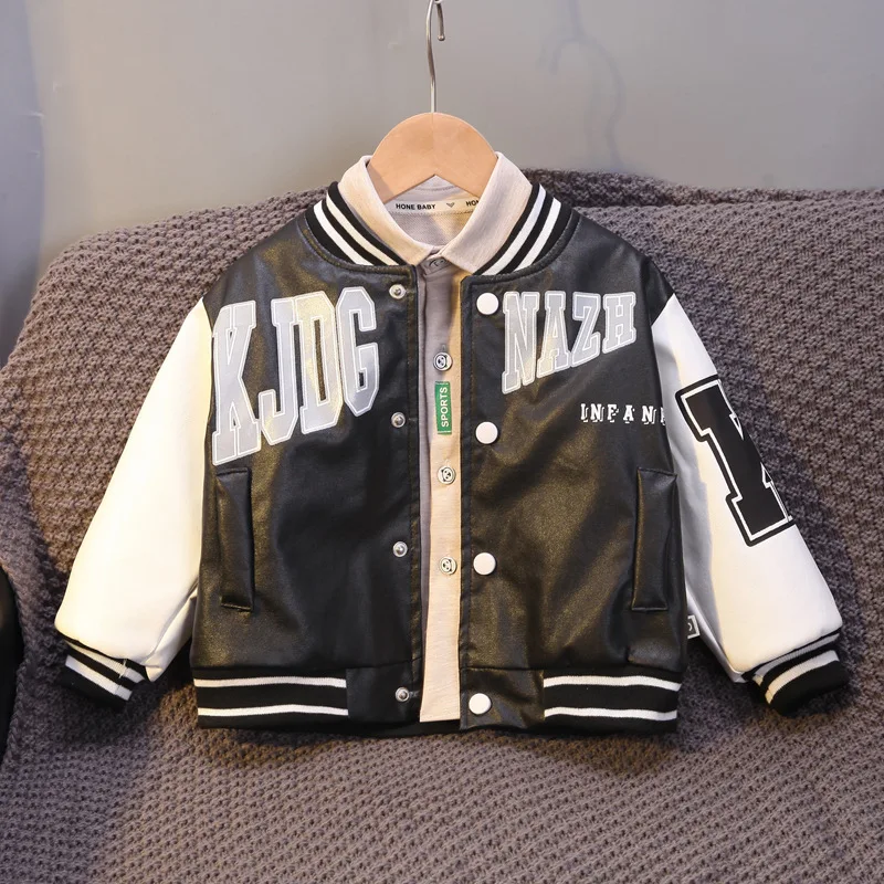 

Moto Faux Leather 2023 Collar Baseball Biker Jackets Letter Racing Stripes Baby For Children Coat Coat Print Boys Spring