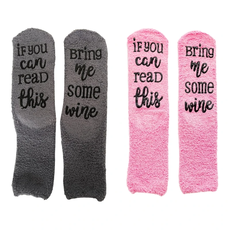 

2023 New Women Winter Fuzzy Plush Slipper Crew Socks If You Can Read This Bring Me Some Wine Phrase Warm Hosiery Funny Gifts