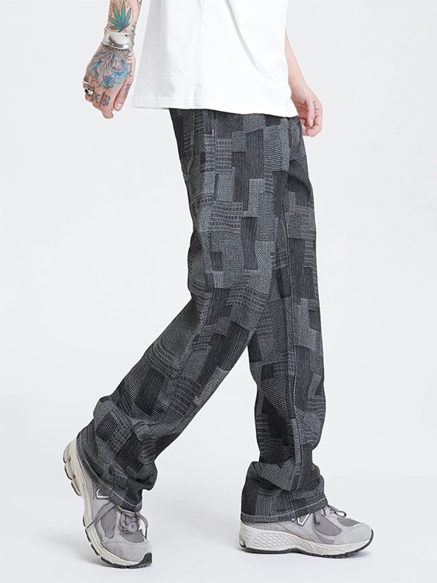 Four Seasons Men's High Street Retro Jeans Plaid Patch Ins Casual Loose Straight Wide Leg Pants Fashion Streetwear Ins Hot Sale