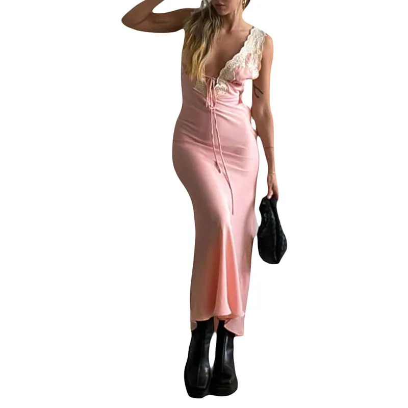 

Женское Элегантное Длинное платье с цветочным принтом, кружевное лоскутное платье без рукавов с глубоким V-образным вырезом, летнее праздни...